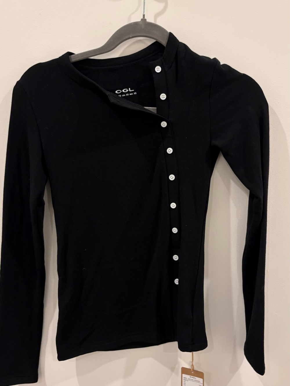 OGL Black Long-Sleeve Asymmetric Button Top